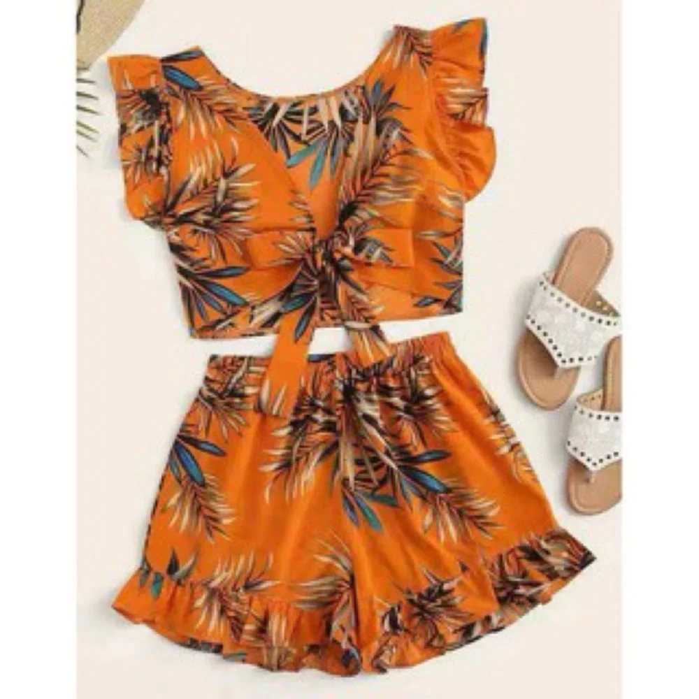 Tropical Print Tie Front Ruffle Trim Top and Shorts Co-ord Set